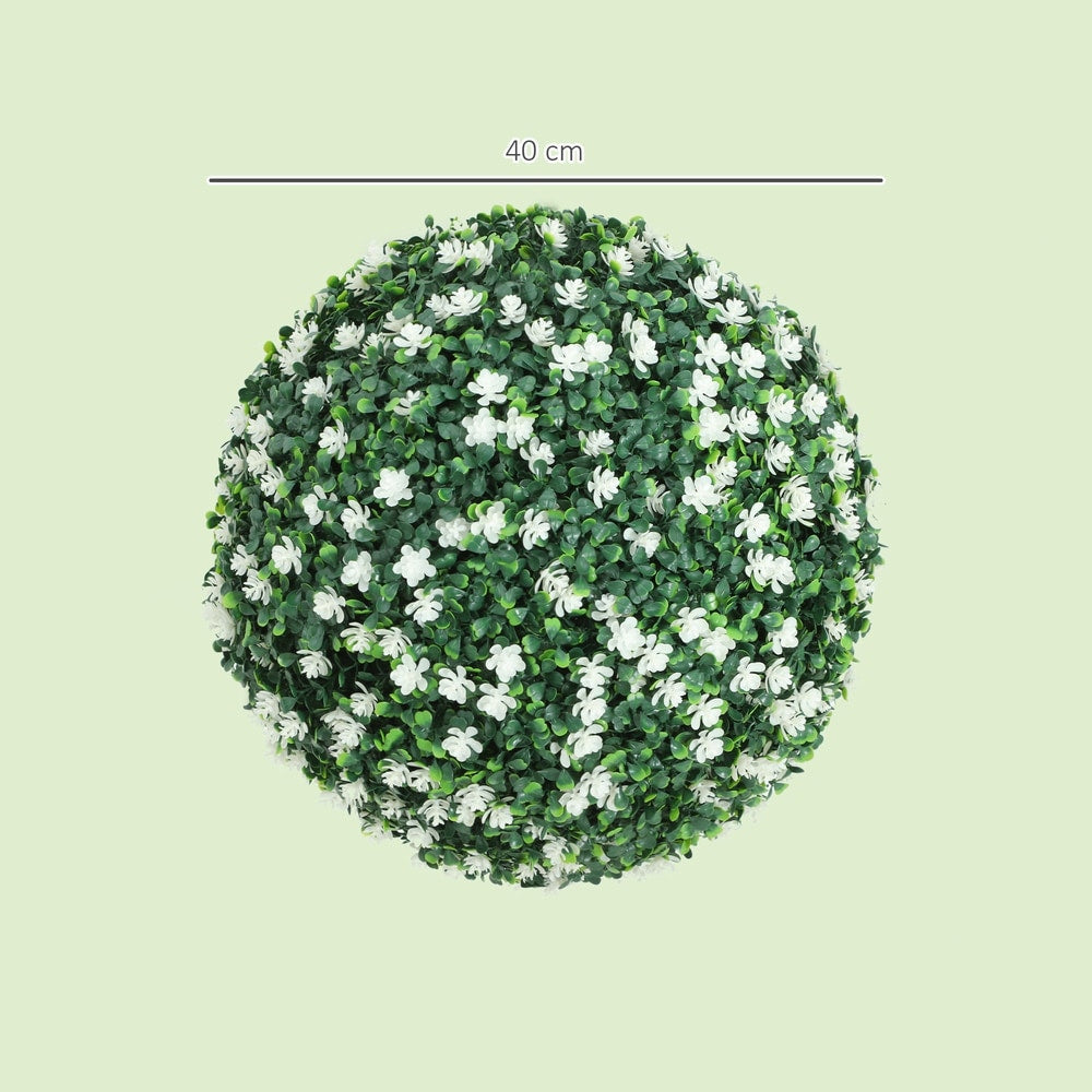 A single artificial boxwood ball plant with white flowers, showing its size