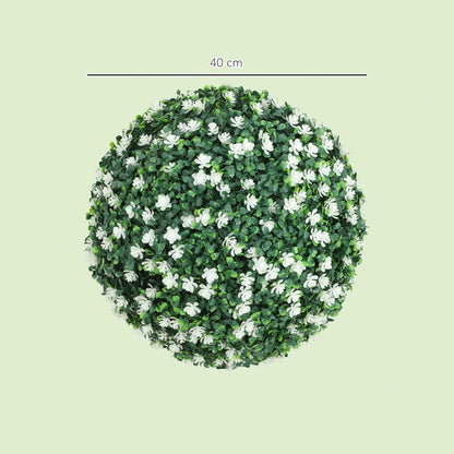 A single artificial boxwood ball plant with white flowers, showing its size