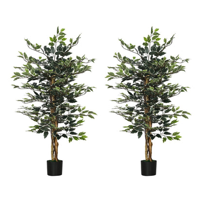 HOMCOM Set of Two Artificial Ficus Trees, two green leafy plants in black pots
