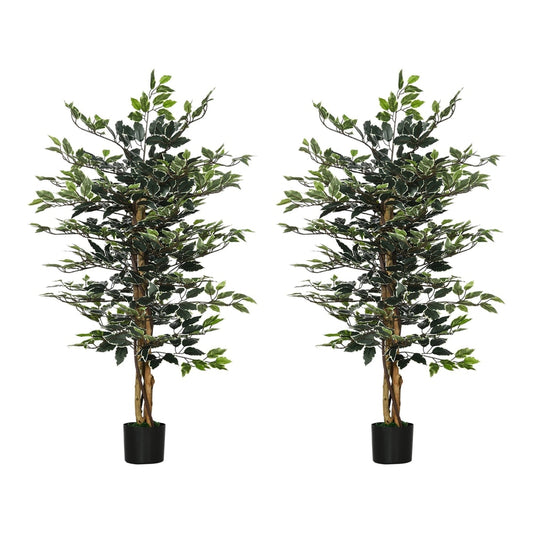 HOMCOM Set of Two Artificial Ficus Trees, two green leafy plants in black pots