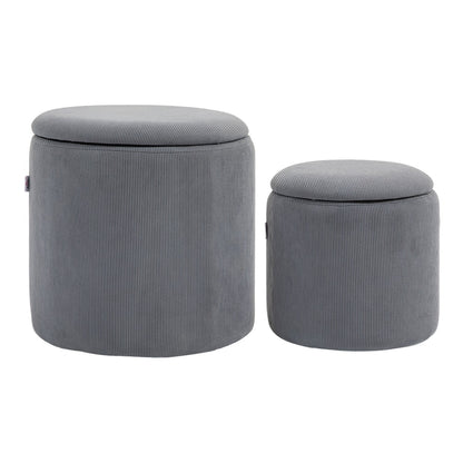 HOMCOM Set of Two Corduroy Storage Ottomans in grey, showing both ottomans side by side