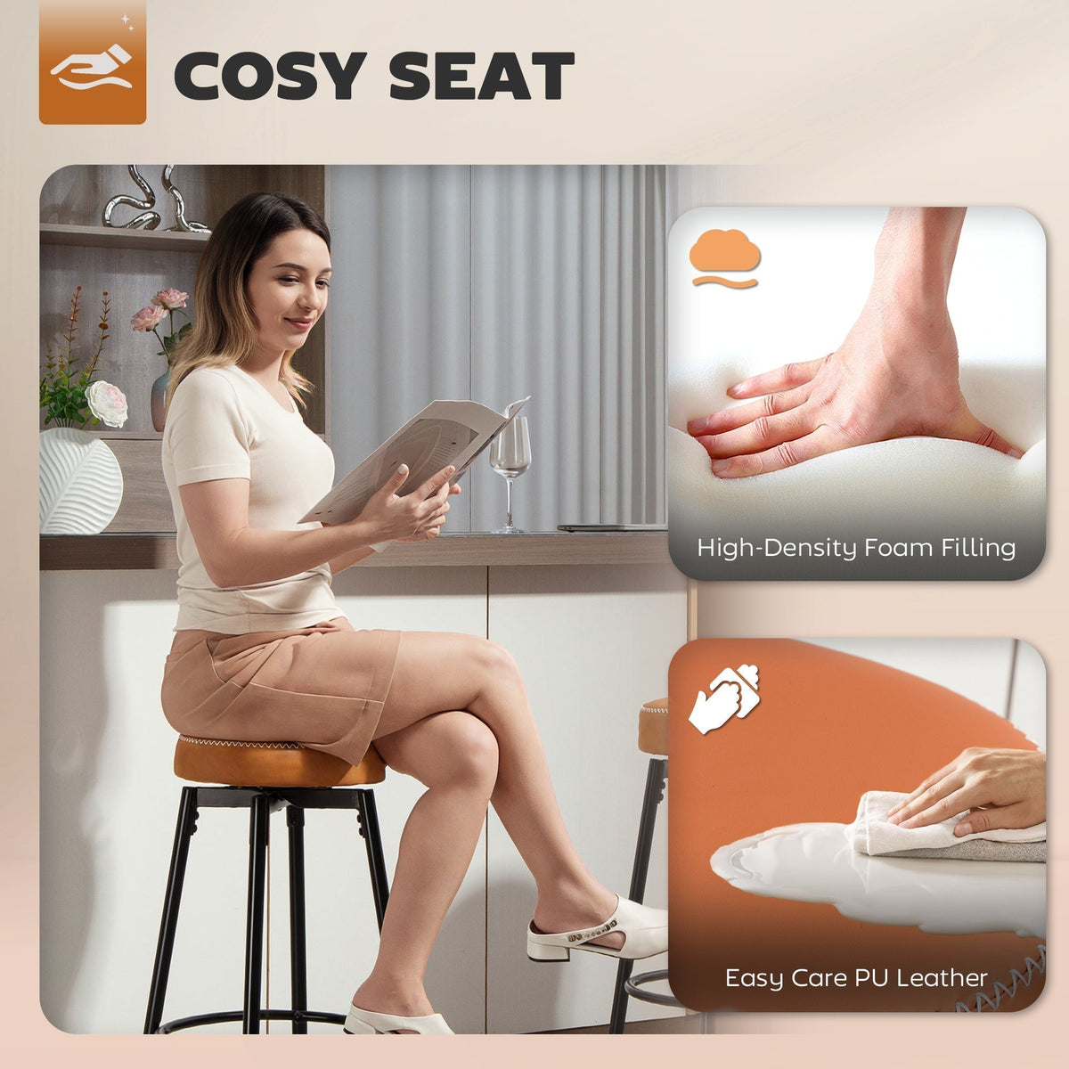 Woman sitting on a brown faux leather bar stool in a kitchen, showing the cosy seat and easy care PU leather