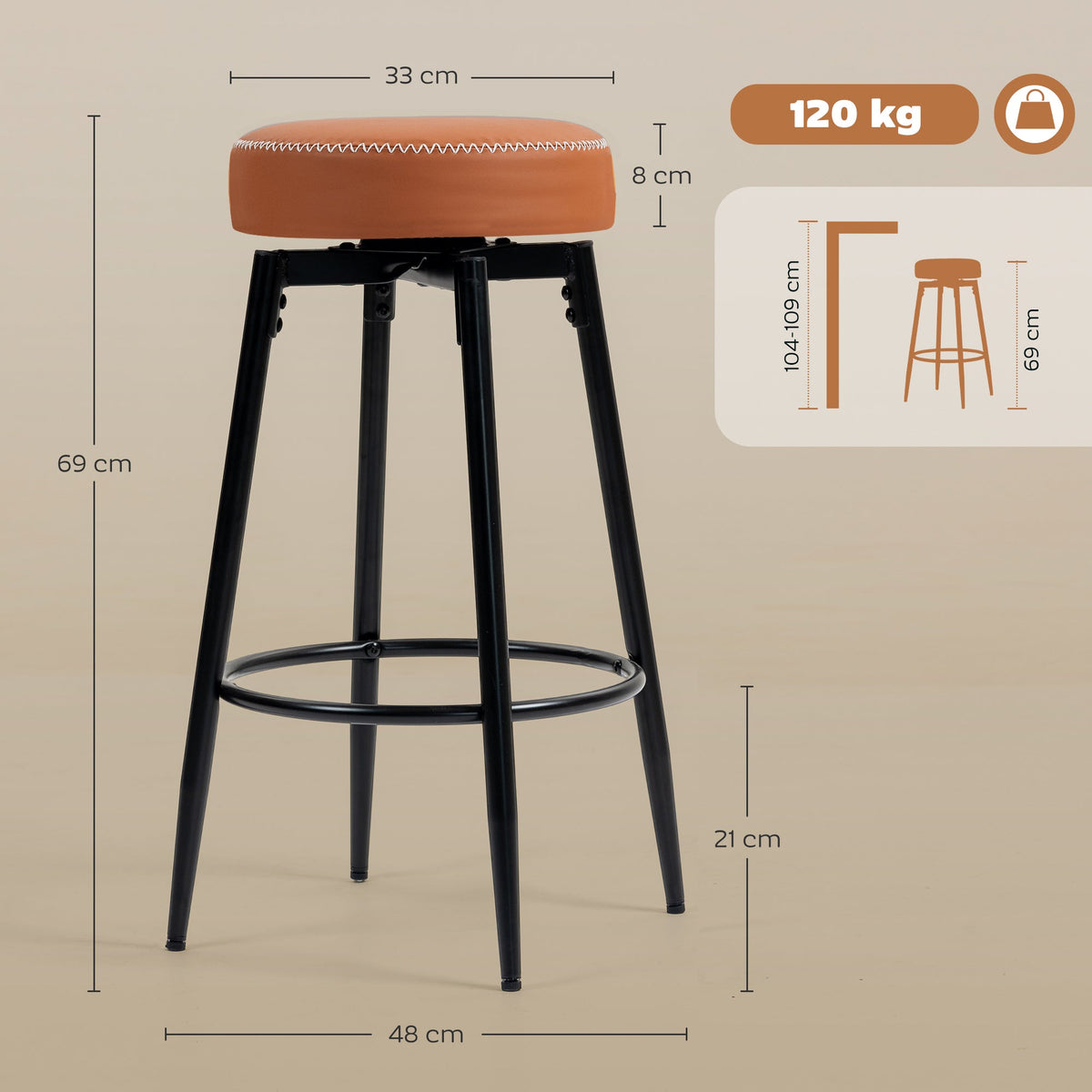 Dimensions of the brown faux leather bar stool with black metal legs