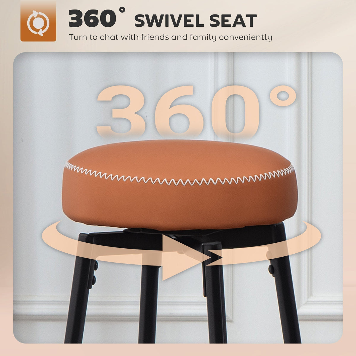 Brown faux leather bar stool with white stitching and a black metal base showing the swivel seat