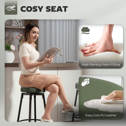Woman sitting on a green faux leather bar stool in a cosy kitchen setting