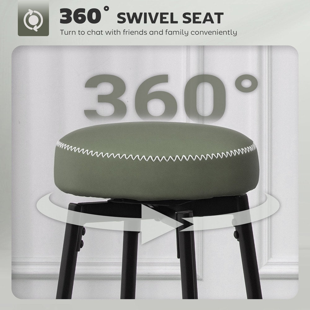 Green faux leather bar stool seat with white stitching and a black metal base