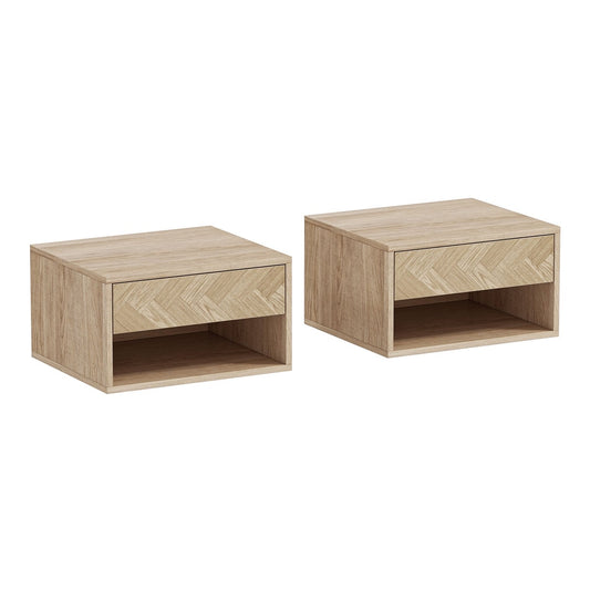 HOMCOM Set of Two Floating Bedside Tables in a natural wood finish, shown from the front