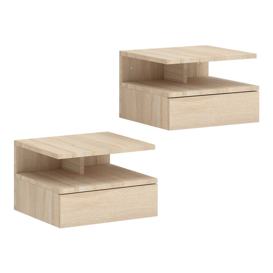 HOMCOM Set of Two Floating Bedside Tables in oak finish shown from a high angle