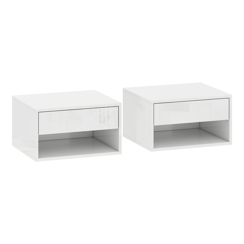 HOMCOM Set of Two Floating Bedside Tables, wall mounted nightstands with a drawer and open shelf in high gloss white