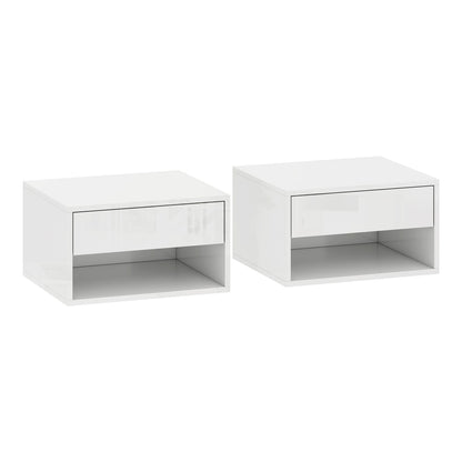 HOMCOM Set of Two Floating Bedside Tables, wall mounted nightstands with a drawer and open shelf in high gloss white