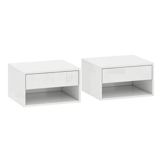 HOMCOM Set of Two Floating Bedside Tables, wall mounted nightstands with a drawer and open shelf in high gloss white