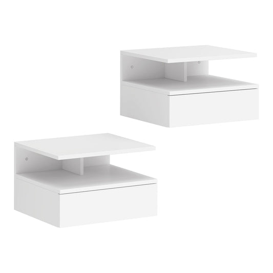 HOMCOM Set of Two Floating Bedside Tables - white wall-mounted units with a drawer and shelf
