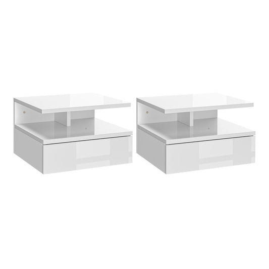 HOMCOM Set of Two Floating High Gloss Bedside Tables in a clean white finish