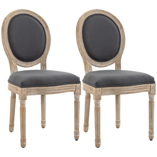 HOMCOM Set of Two French-Inspired Wooden Dining Chairs in grey fabric with distressed wood effect legs