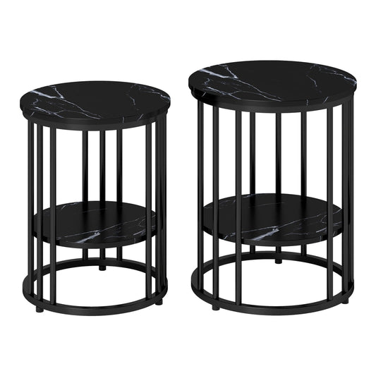 HOMCOM Set of Two Marble-Effect Coffee Tables with black marble effect tops and black metal frames