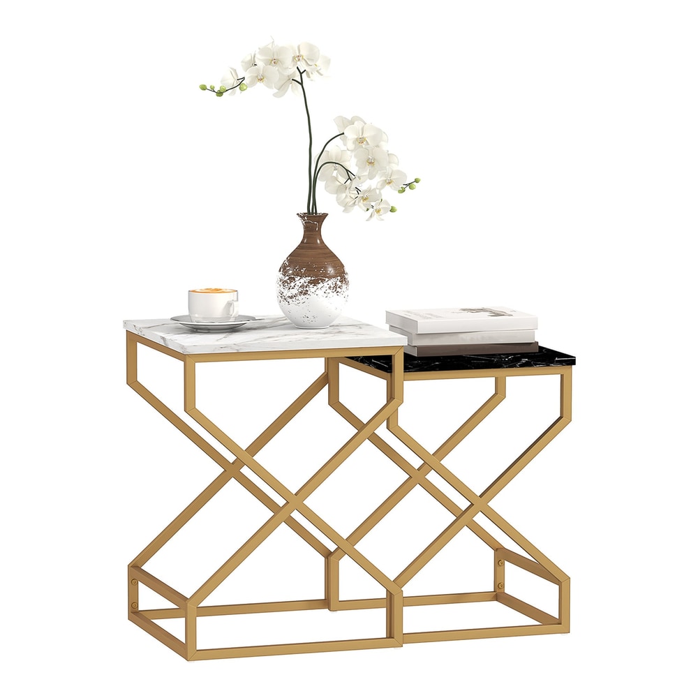 HOMCOM Set of Two Marble-Effect Nesting Tables with gold frames and white and black marble effect tops