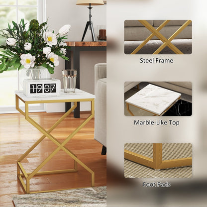 Close up details of the marble-effect nesting side tables with gold frames