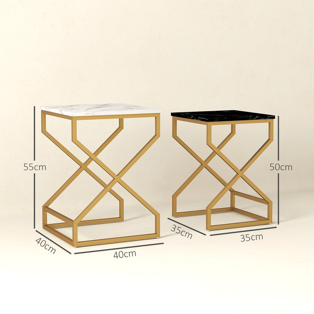 Two marble-effect nesting side tables with gold frames showing dimensions