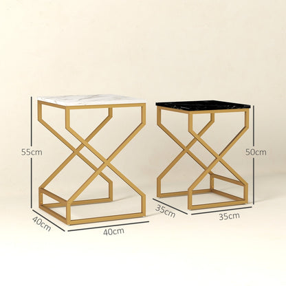 Two marble-effect nesting side tables with gold frames showing dimensions