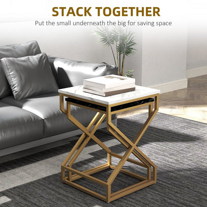 Two marble-effect nesting side tables with gold frames stacked together