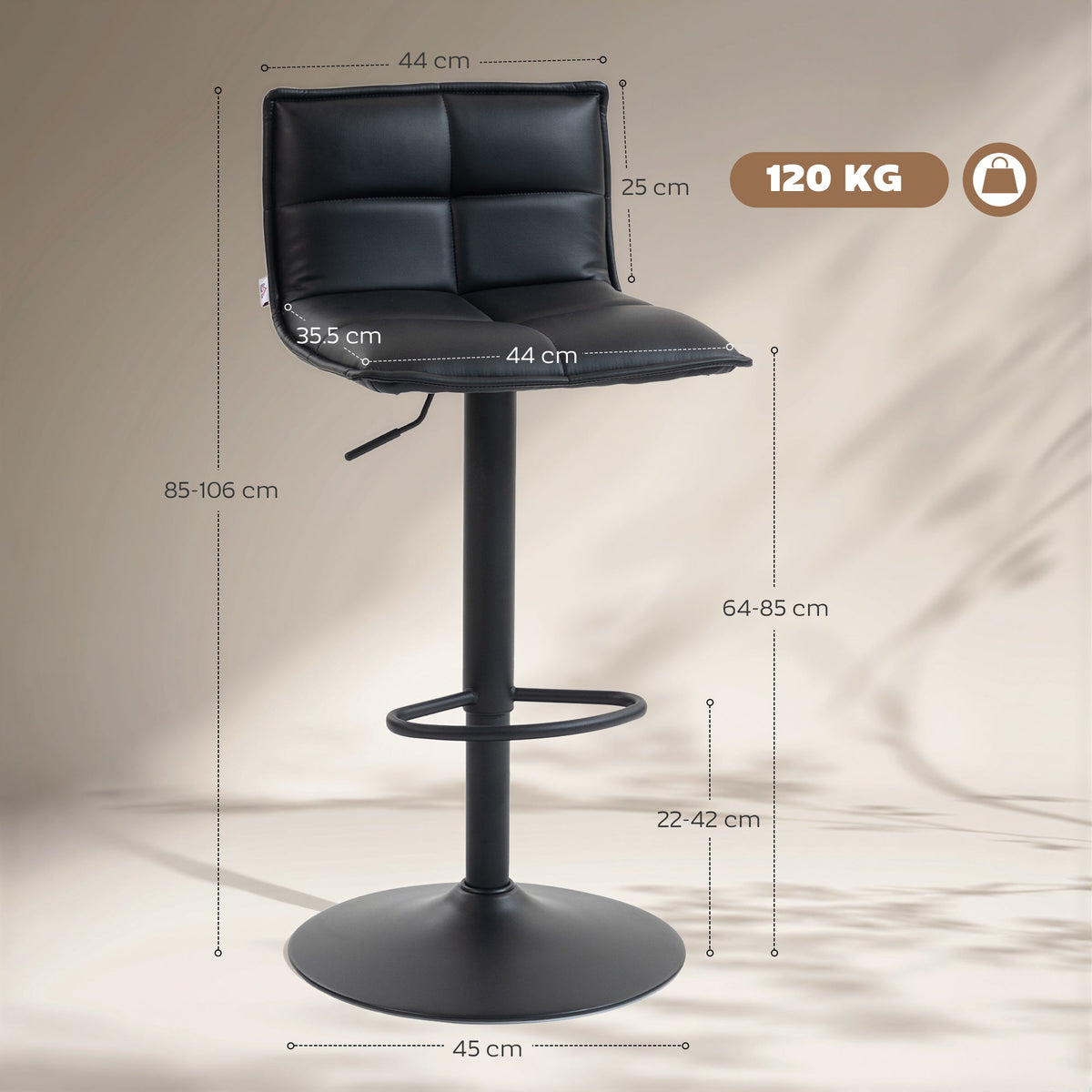 The bar stool with various dimension lines and measurement labels overlaid