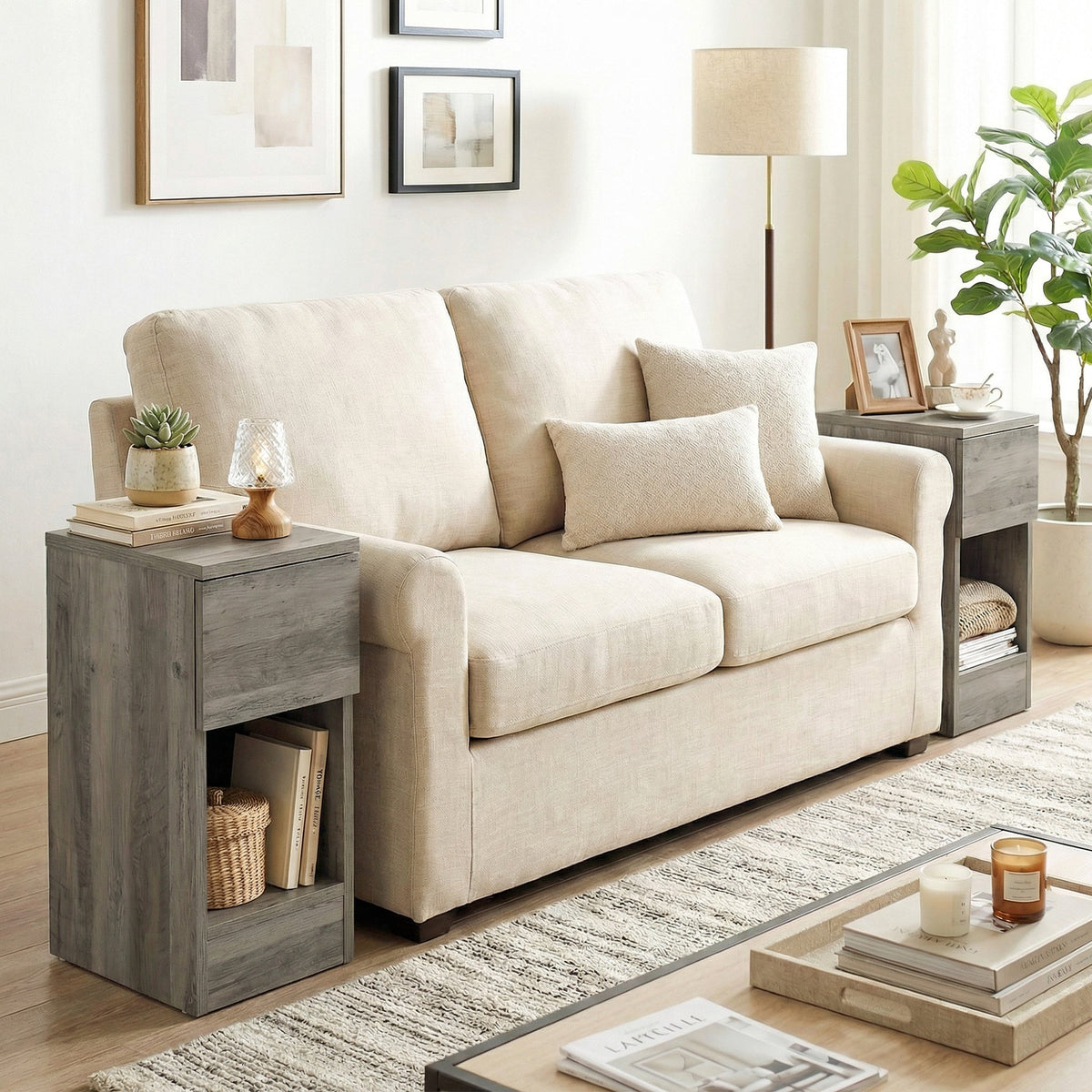 Two modern storage bedside tables in grey wood effect next to a sofa