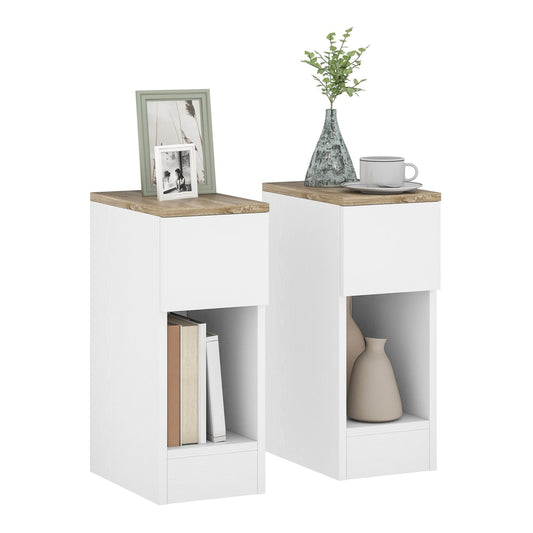 HOMCOM Set of Two Modern Storage Bedside Tables in white with wood effect tops