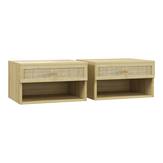 HOMCOM Set of Two Rattan Panel Floating Bedside Tables in a wood-effect finish