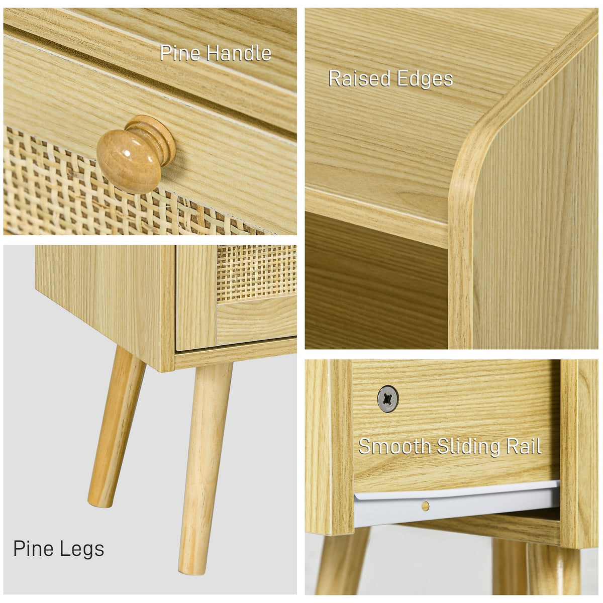 Close up of the rattan weave bedside table showing cane detail and wooden legs