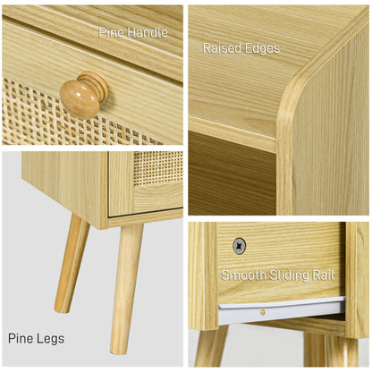 Close up of the rattan weave bedside table showing cane detail and wooden legs