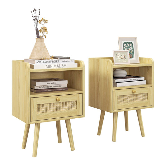 HOMCOM Set of Two Rattan Weave Bedside Tables with wood effect finish and cane drawer fronts