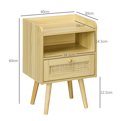 Dimensions of the rattan weave bedside table with measurements shown