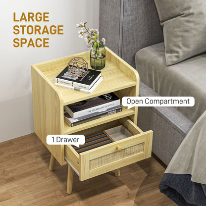 Open drawer and shelf of the rattan weave bedside table showing storage space