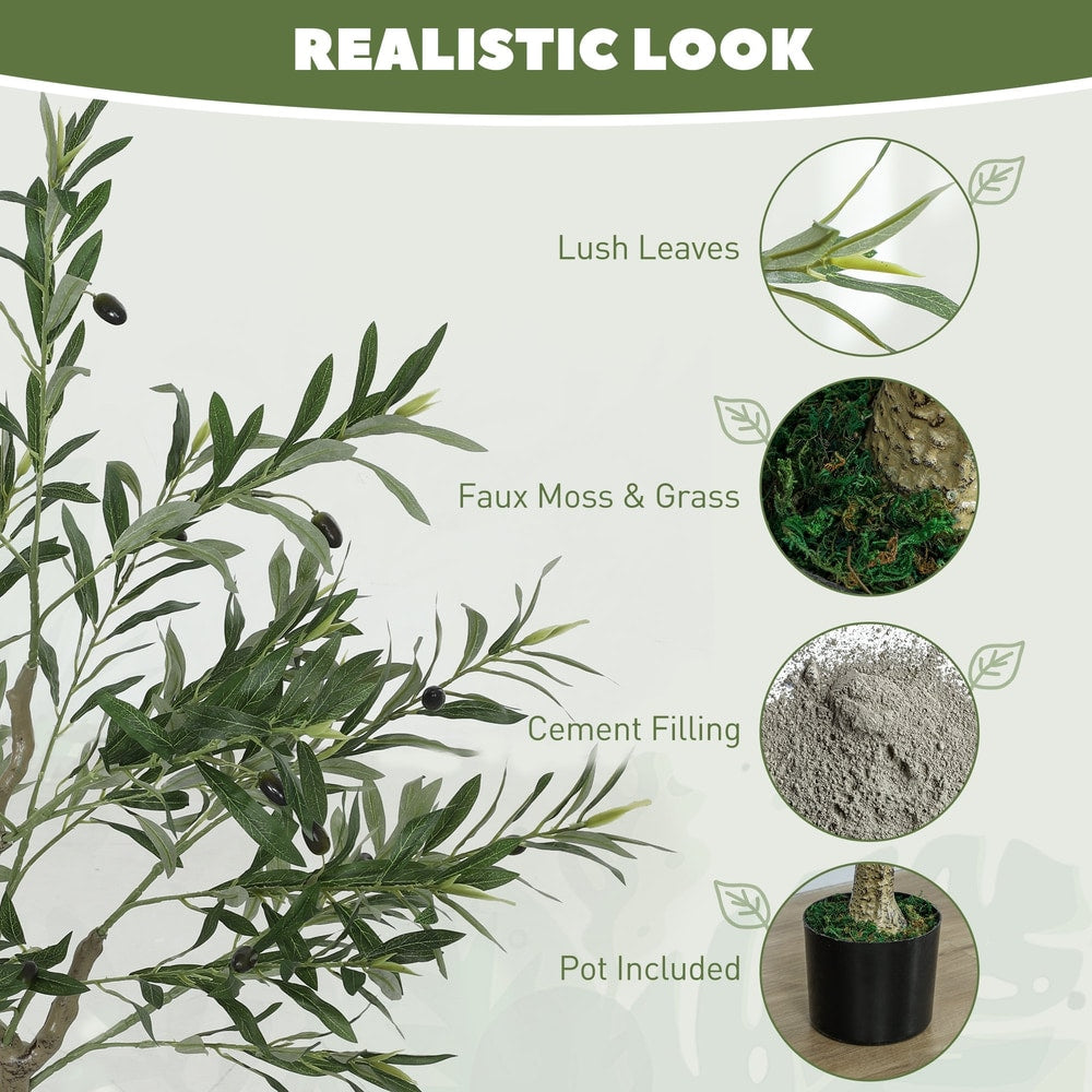 Close up of the artificial olive tree showing realistic leaves and trunk detail