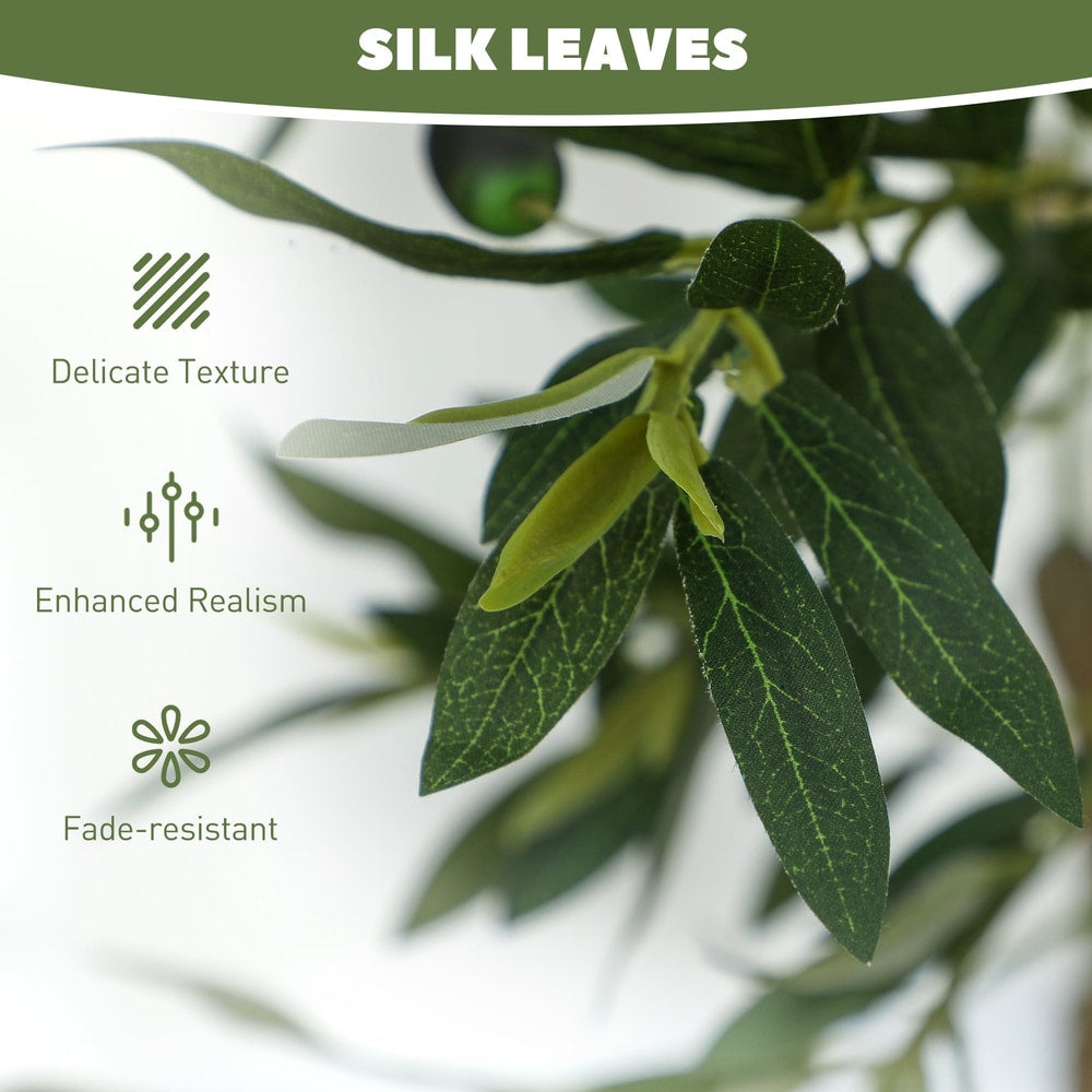 Detail of the silk leaves on the artificial olive tree, showing texture and colour