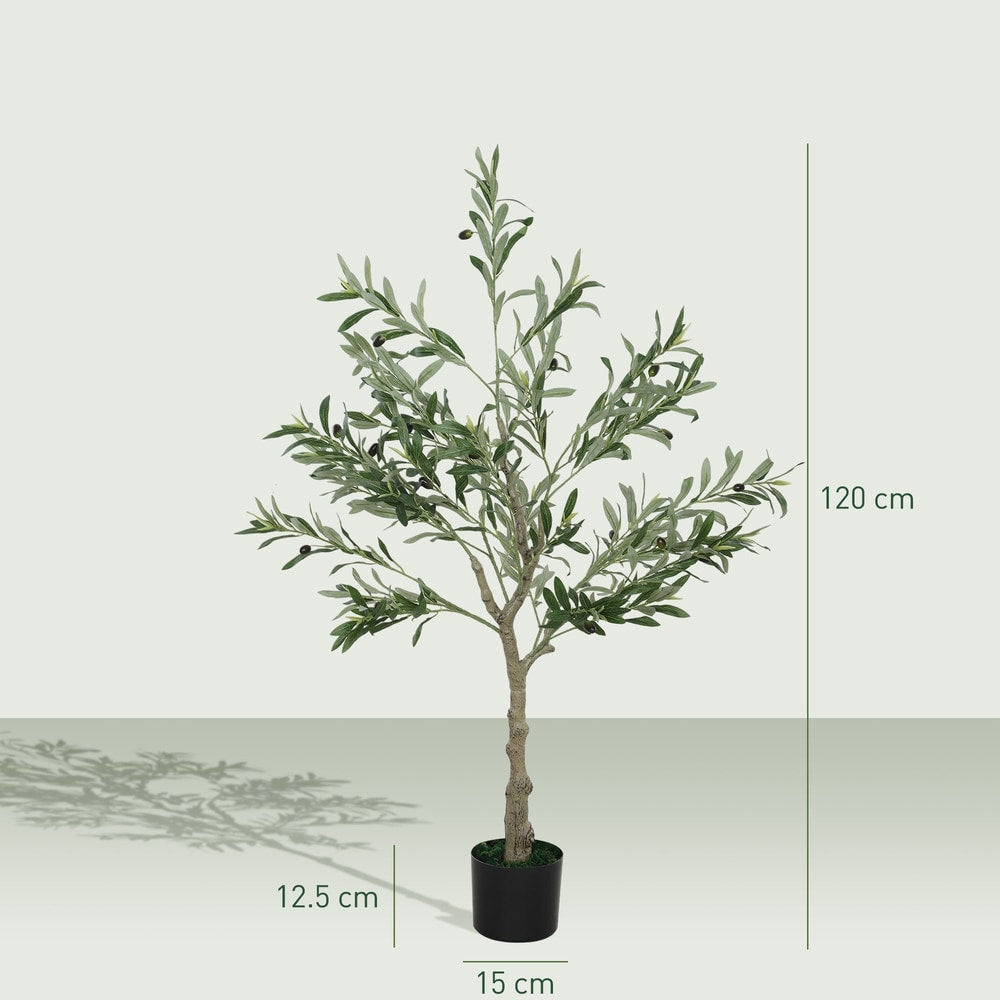 A single artificial olive tree with dimensions shown, standing in a black pot