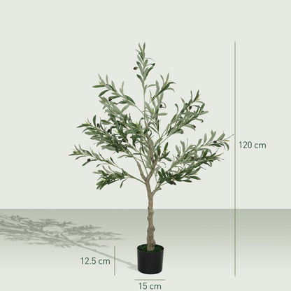 A single artificial olive tree with dimensions shown, standing in a black pot