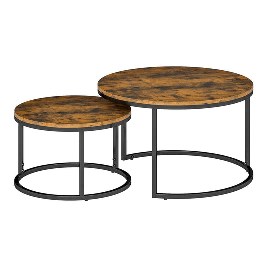 HOMCOM Set of Two Wood-Effect Stacking Tables with rustic brown wood-effect tops and black metal frames