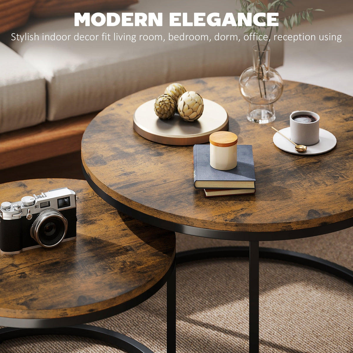 Close-up of the wood-effect surface of the coffee tables with decorative items