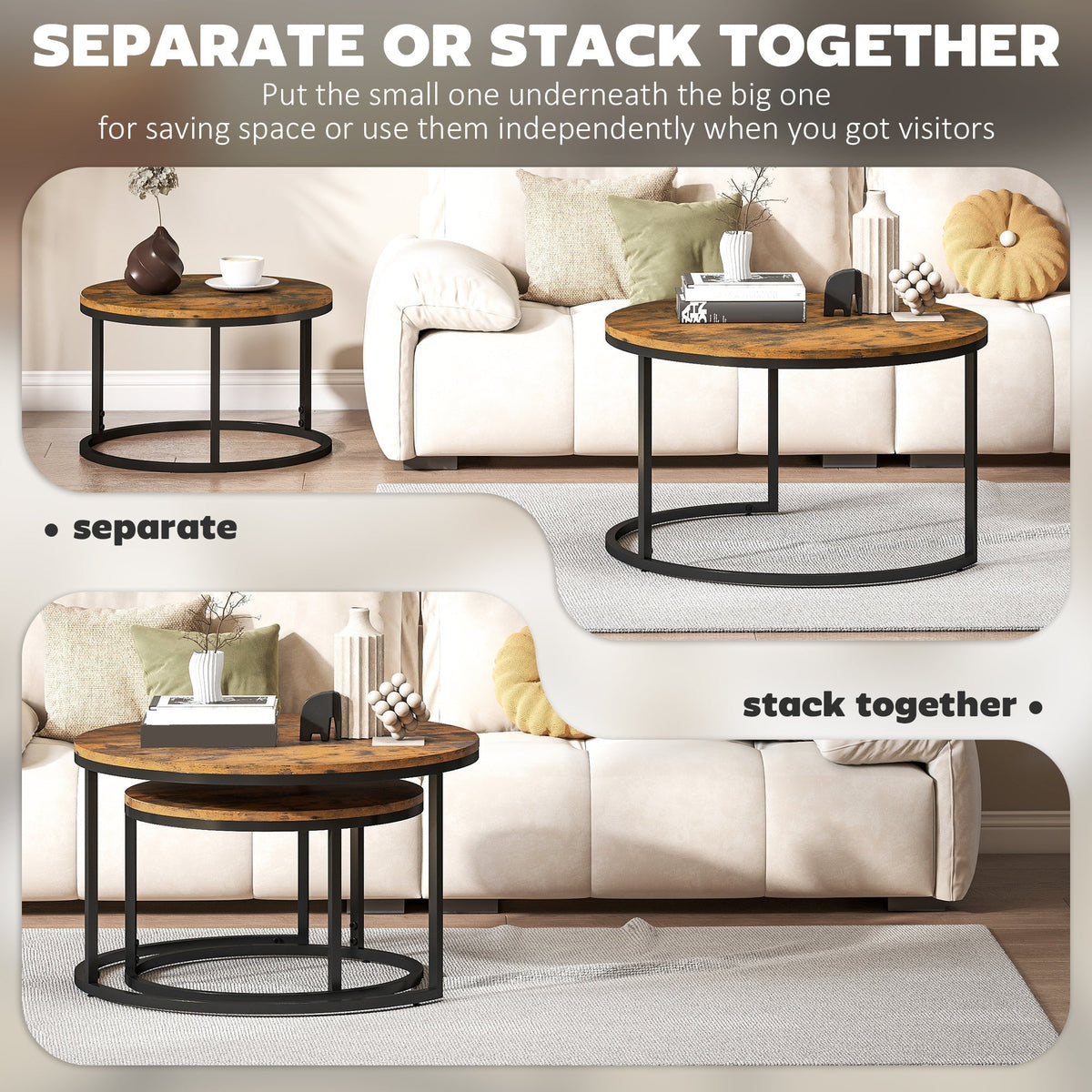 Two wood-effect coffee tables shown separately and stacked together in a living room