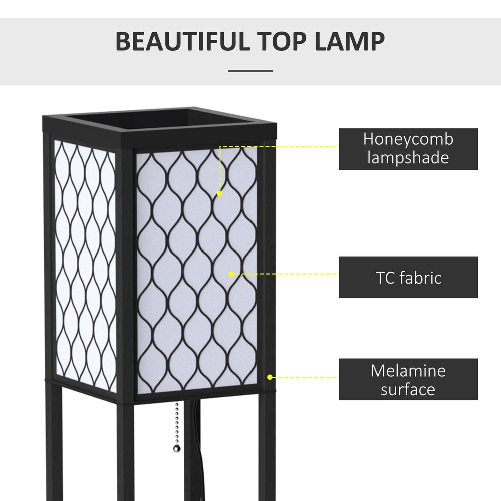 The floor lamp with shelves has a honeycomb lampshade and melamine surface shelves