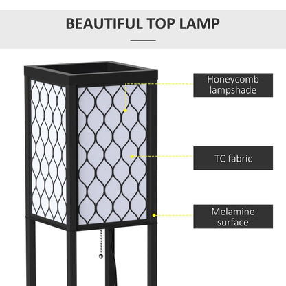 The floor lamp with shelves has a honeycomb lampshade and melamine surface shelves