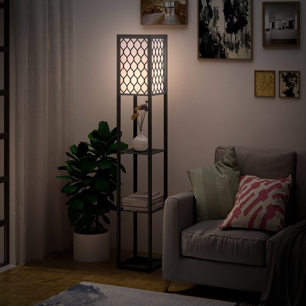 The floor lamp with shelves is shown in a living room next to a sofa and a plant