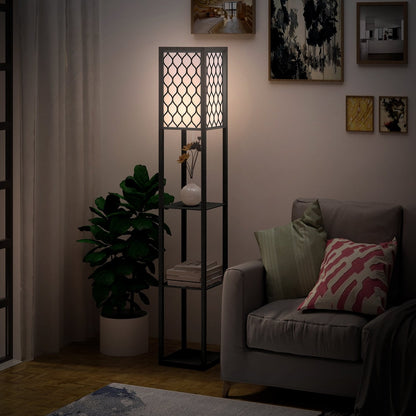 The floor lamp with shelves is shown in a living room next to a sofa and a plant
