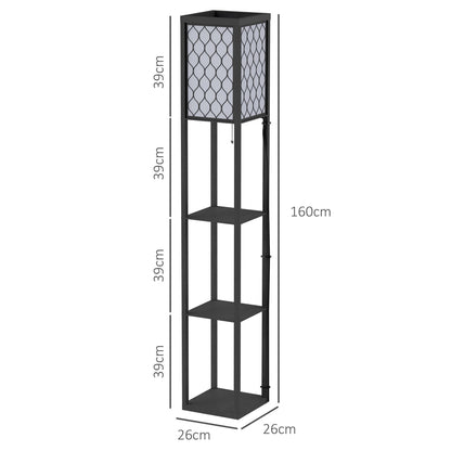 Floor lamp with shelves showing dimensions 160cm height and 26cm width and depth