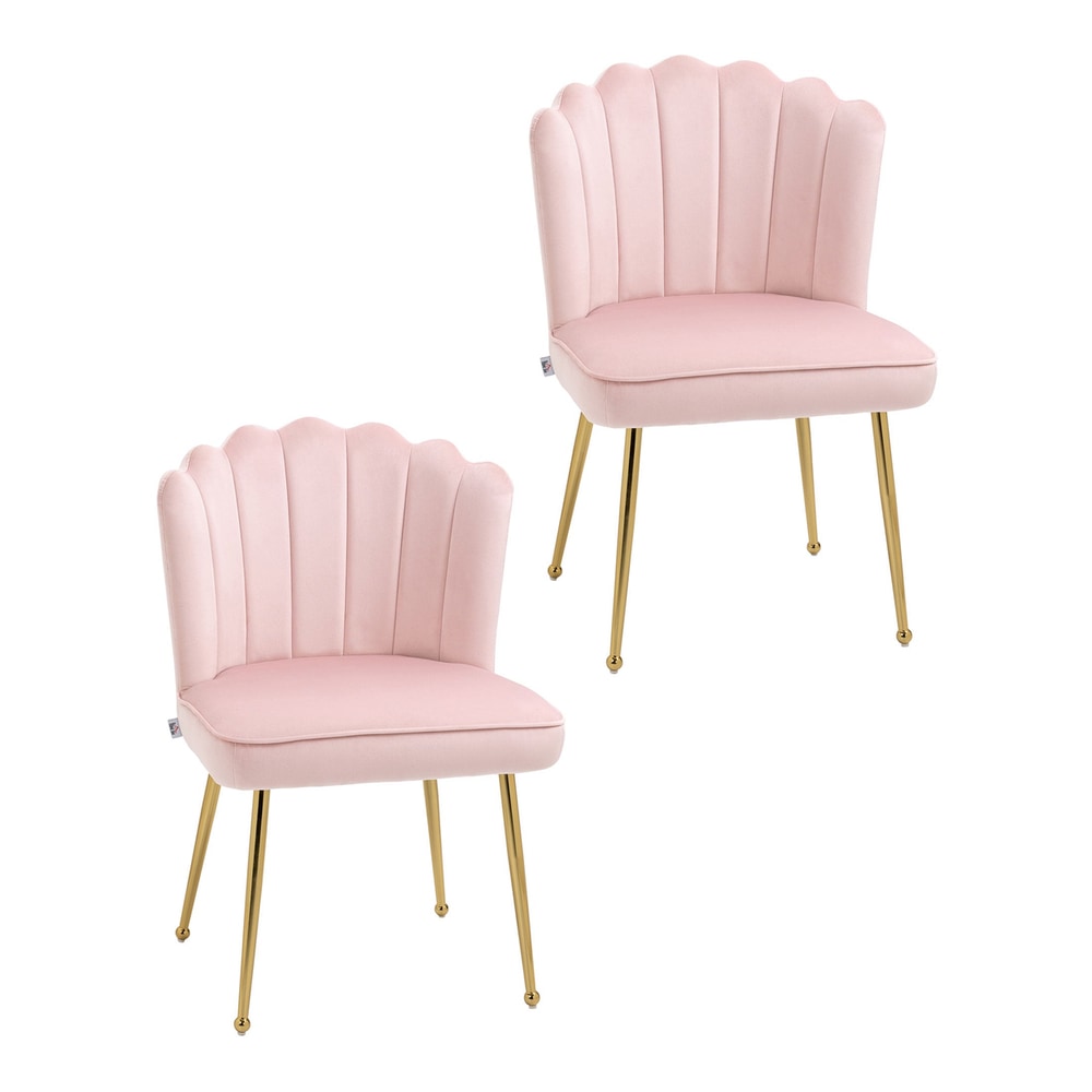HOMCOM Shell Dining Chairs Set of 2 in pink velvet fabric with gold metal legs