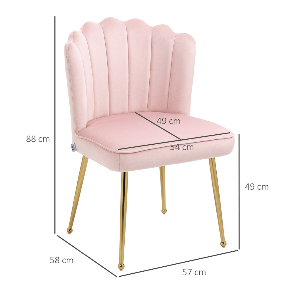 Pink velvet shell dining chair with dimensions shown