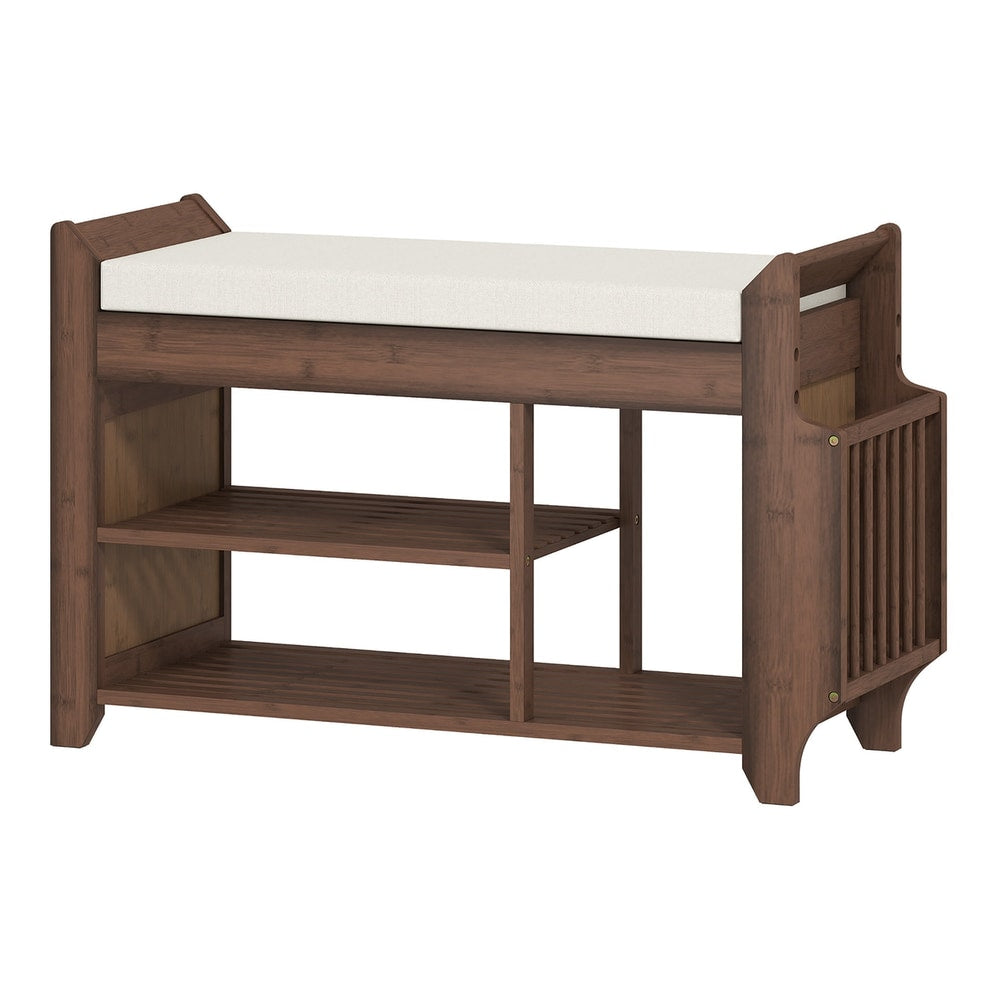 HOMCOM Shoe Bench with a cream cushioned seat and dark brown two-tier shelving unit