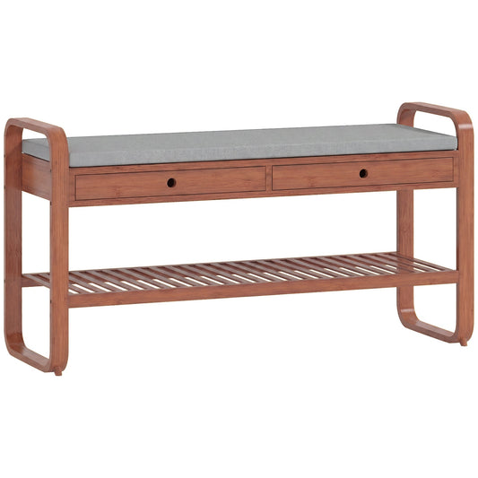 HOMCOM Shoe Bench with a grey cushioned seat and two drawers over a slatted storage shelf