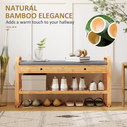 The shoe storage bench with text about natural bamboo elegance
